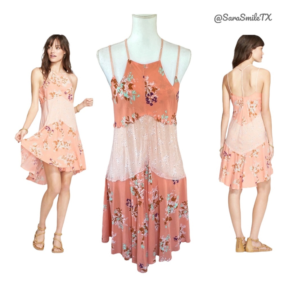 FREE PEOPLE - Voile Crescent - Boho Peach Floral Strappy Summer Mini Slip Dress